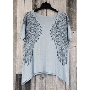 LADIES T-SHIRT PALE BLUE WITH FEATHERS